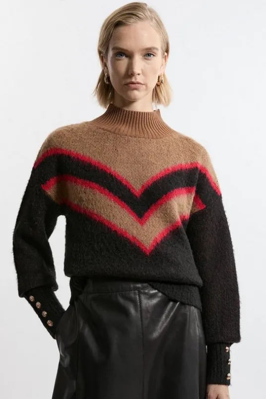 Brushed Jacquard Military Trim Knit Sweater