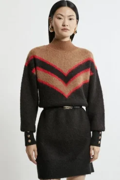 Brushed Jacquard Military Trim Knit Mini Dress