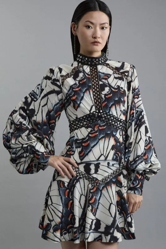 Butterfly Print Lace Insert Trim Woven Mini Dress