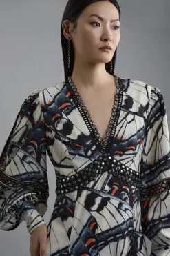 Butterfly Print Lace Insert Trim Woven Midaxi Dress