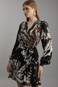 Butterfly Print Viscose Crepe Woven Wrap Mini Dress
