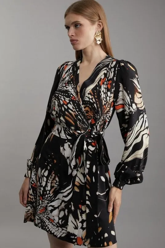 Butterfly Print Viscose Crepe Woven Wrap Mini Dress