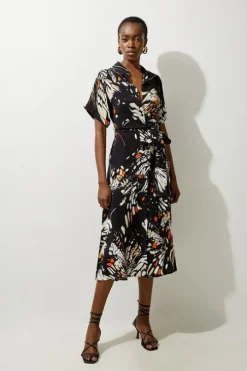 Butterfly Print Viscose Crepe Twist Front Midi Shirt Dress