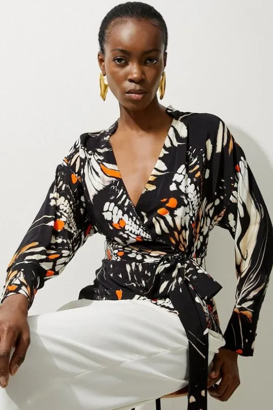 Butterfly Printed Viscose Crepe Twist Front Blouse