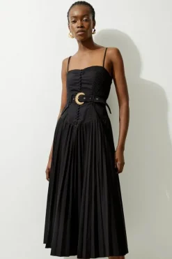 Button Detail Strappy Woven Midi Dress