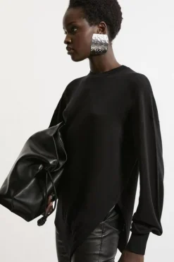 Cashmere Blend Crew Neck Asymmetric Hem Knit Sweater