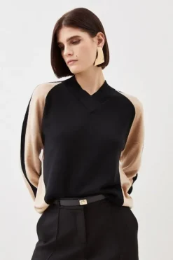 Cashmere Blend Knit High Neck Color Block Sweater