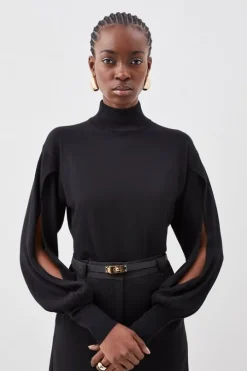 Cashmere Blend Turtleneck And Split Sleeve Knit Top