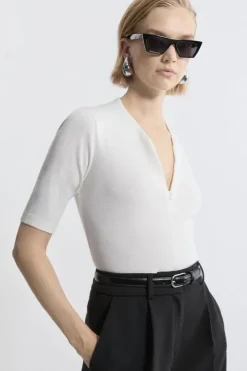 Cashmere Blend Zip Detail Knit Polo Top