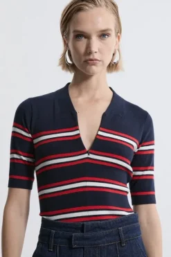 Cashmere Blend Zip Detail Stripe Knit Polo Top