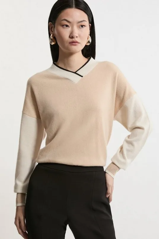 Cashmere Knitted V Neck Contrast Wrap Sweater