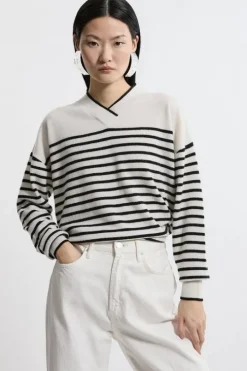 Cashmere Knitted V Neck Contrast Wrap Striped Sweater