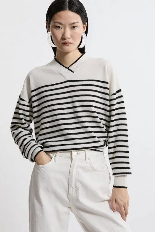 Cashmere Knitted V Neck Contrast Wrap Striped Sweater
