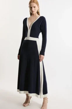 Cashmere Wool V Neck Color Block Dress