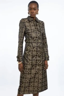 Chain Jacquard Tailored Double Breasted Belted Trench Midi Coat