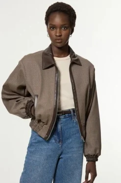 Check and Faux Leather Tailored Bomber Jacket