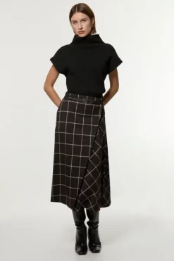 Check Pleated Kilt Belted Midi Skirt