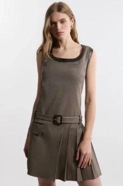 Check With Pu Trim Pleated Tailored Mini Dress