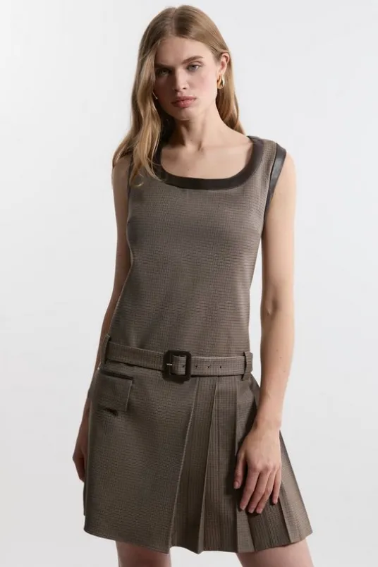 Check With Pu Trim Pleated Tailored Mini Dress