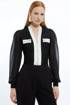 Chiffon Sleeve Zip Through Bandage Knit Top