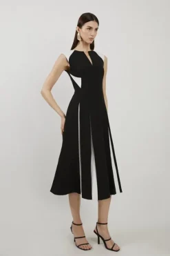 Clean Tailored Color Block Full Skirted Midi Dress