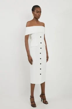 Clean Tailored Off The Shoulder Button Through Midi Dress