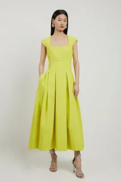 Clean Tailored Square Neck Full Skirted Midi Dress