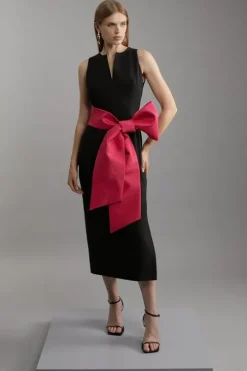 Clean Tailored Taffeta Contrast Bow Tie Waist Midi Dress