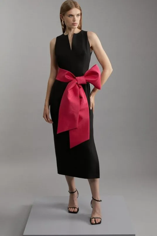 Clean Tailored Taffeta Contrast Bow Tie Waist Midi Dress