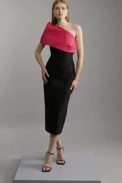 Clean Tailored Taffeta One Shoulder Panel Midi Dress