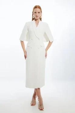 Clean Tailored Tuxedo Cape Sleeve Midi Blazer Dress