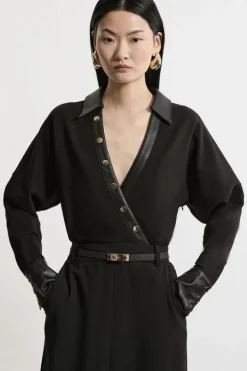 Collared V- Neck Pu And Ponte Bodysuit