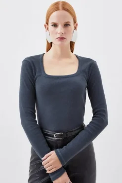 Compact Jersey Rib Square Neck Long Sleeve Top