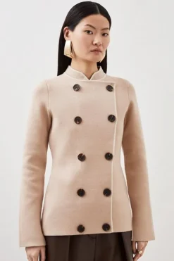 Compact Knit Wool Look Contrast Color Double Breasted Jacket