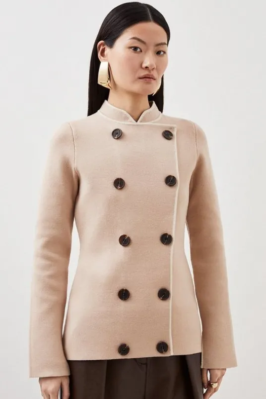 Compact Knit Wool Look Contrast Color Double Breasted Jacket