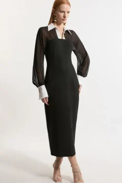 Compact Stretch And Viscose Georgette Tailored Maxi Dress