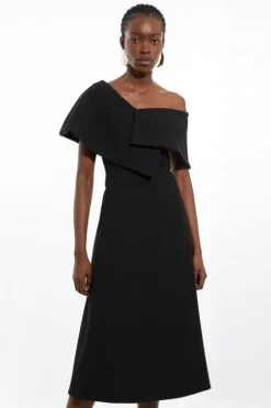 Compact Stretch Asymmetric Collar Tailored Full Skirt Maxi Dress