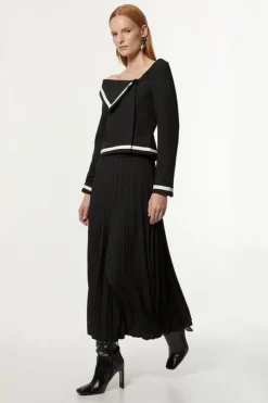 Compact Stretch Asymmetric Neck Color Block Pleated Tailored Midaxi Dress