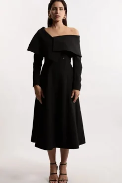 Compact Stretch Asymmetric Collar Long Sleeve Midaxi Dress