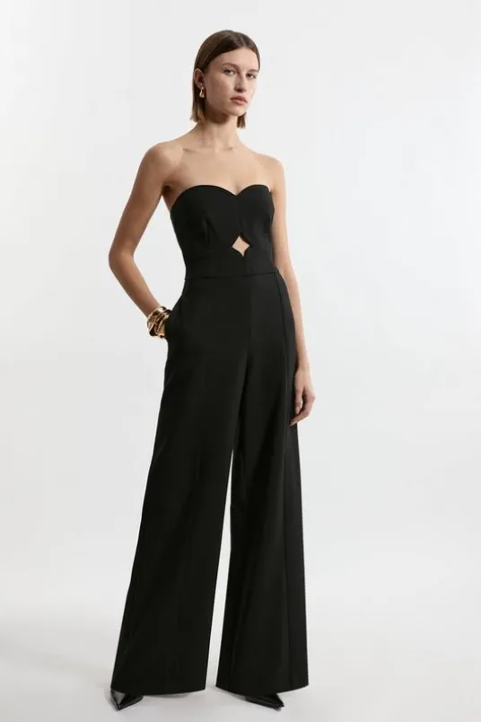 Compact Stretch Bandeau Tailored Wide Leg Jumpsuit