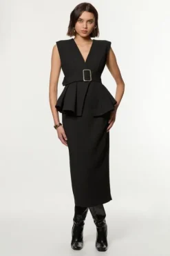 Compact Stretch Belted Peplum Tailored Maxi Dress