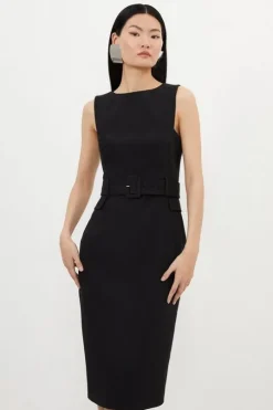 Compact Stretch Belted Tailored Midi Pencil Dress