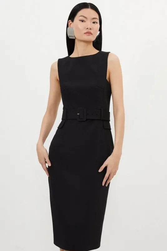 Compact Stretch Belted Tailored Midi Pencil Dress