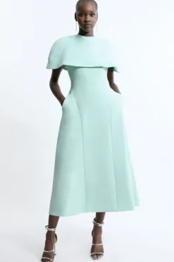 Compact Stretch Cape Sleeve Full Skirt Tailored Midaxi Dress