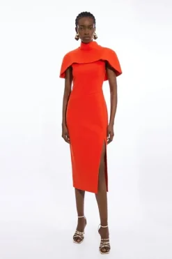 Compact Stretch Caped Cap Sleeved Neck Tie Tailored Midi Dress