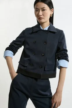 Compact Stretch Collared Double Breasted Grosgrain Blazer Jacket