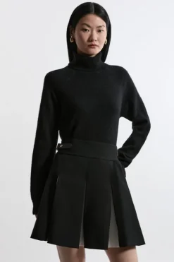 Compact Stretch Color Block Pleated Tailored Mini Skirt