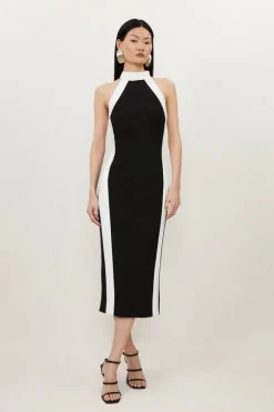 Compact Stretch Contrast Halter Neck Tailored Midi Dress