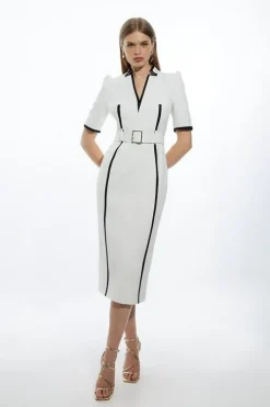 Compact Stretch Contrast Tipped Forever Belted Tailored Midi Dress