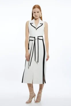 Compact Stretch Contrast Tipped Belted Pencil Maxi Dress